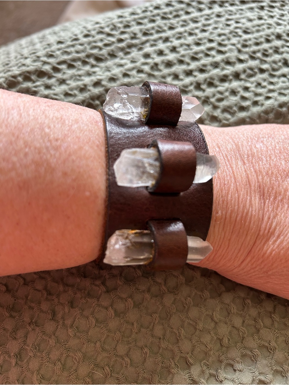 Handmade Crystal and Leather Cuff Bracelet - Brown with Clear Quartz